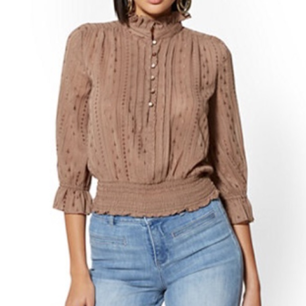 NWT BROWN RUFFLE BLOUSE TOP WITH BUTTONS